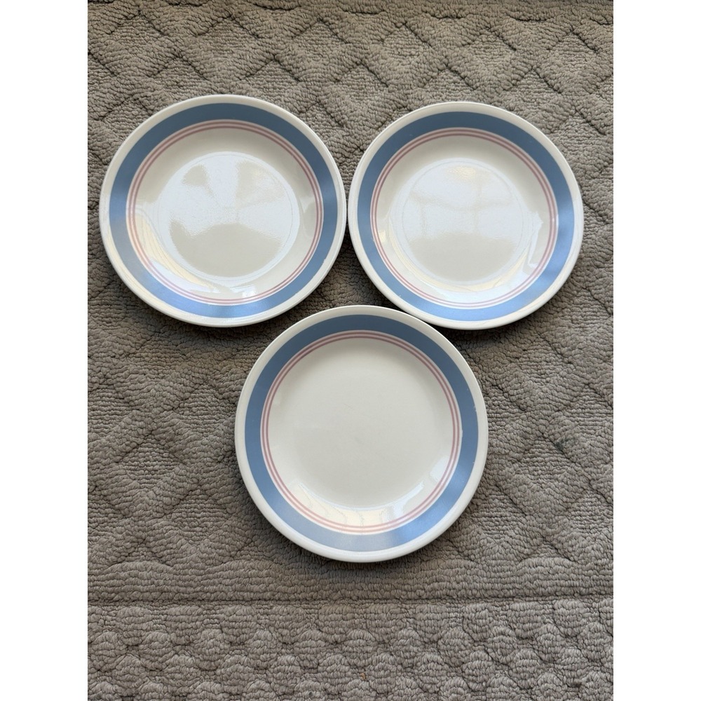 Corelle Colonial Blue Bread Plate Set of3 With Blue Border W/Pink Inner Rings